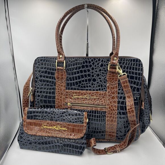 Samantha Brown Handbags - Samantha Brown 2 PC Luggage Weekender Carry On Computer Bag Travel Blue Brn Croc